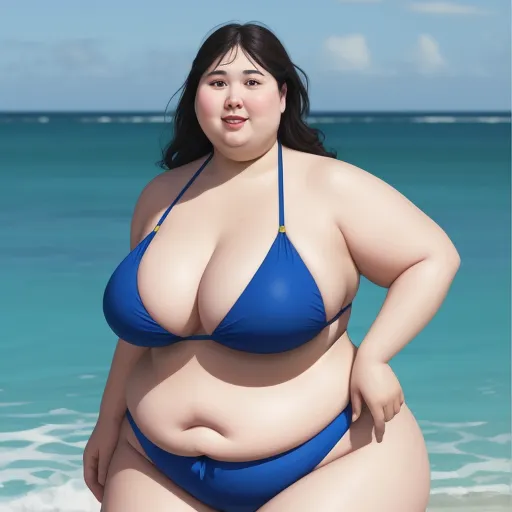 how do i improve the quality of a photo - a woman in a blue bikini standing on the beach with her hands on her hips and her big breast, by Terada Katsuya