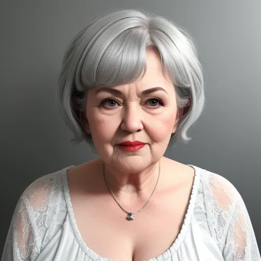 a woman with a white wig and a necklace on her neck and chest, posing for a picture with a gray background, by Billie Waters