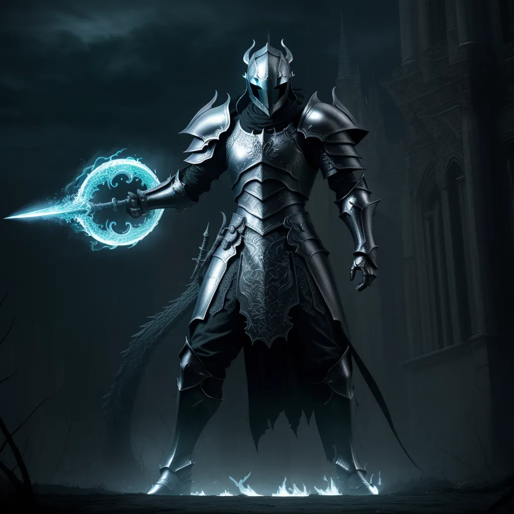 best online ai image generator - a man in a suit of armor holding a glowing orb in his hand in a dark room with a dark background, by Antonio J. Manzanedo