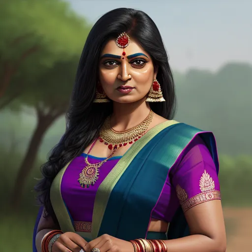 a woman in a purple and green sari with a tree in the background and a painting of a woman in a green sari, by Raja Ravi Varma