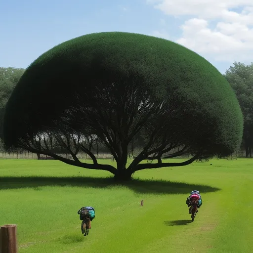 two people riding bikes down a path under a large tree in a field of grass with a sky background, by Studio Ghibli