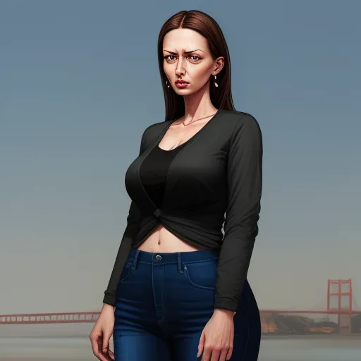 a woman in a black top and jeans poses for a picture in front of a bridge and water with a bridge in the background, by Lois van Baarle