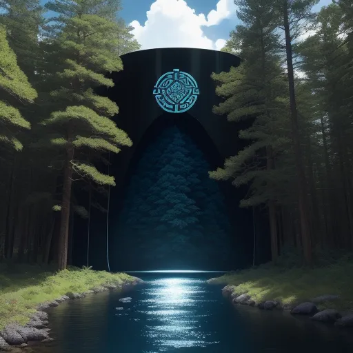 ai photo generator from text - a large black structure with a blue circle on it's face in the middle of a forest with a river running through it, by Mike Winkelmann (Beeple)