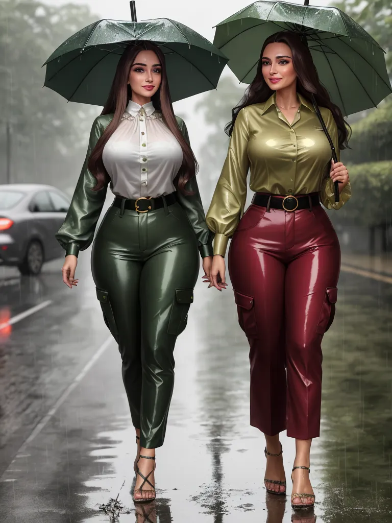 ai image from text - two women walking down a street in the rain with umbrellas over their heads and one holding an umbrella, by Hendrik van Steenwijk I