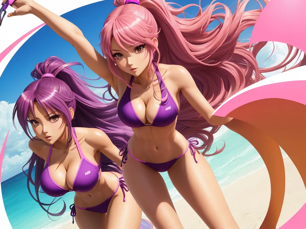 free ai text to image - two women in bikinis on a beach with a pink umbrella and a pink umbrella behind them, with a pink background, by Toei Animations