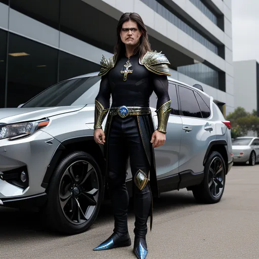 a man in a costume standing next to a silver suv in a parking lot with a building in the background, by Kent Monkman