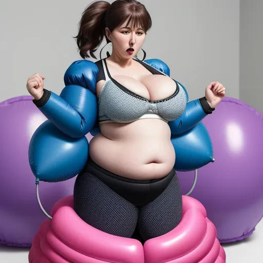 a woman in a bra top and blue and pink balloons with her hands on her hips, standing in front of a large purple and blue and pink balloon, by Terada Katsuya