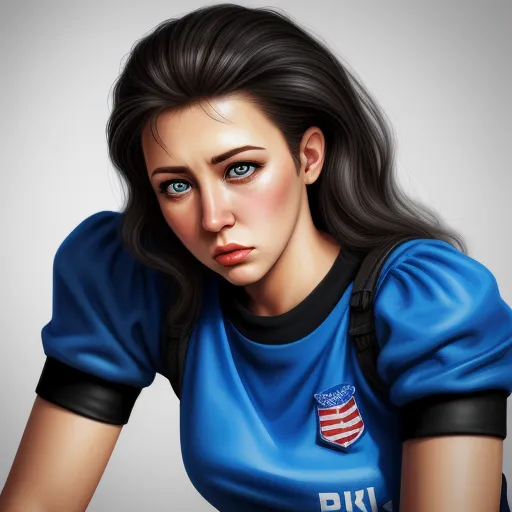 convert image to text ai - a woman with a blue shirt and a black backpack on her shoulder and a usa flag patch on her chest, by Lois van Baarle