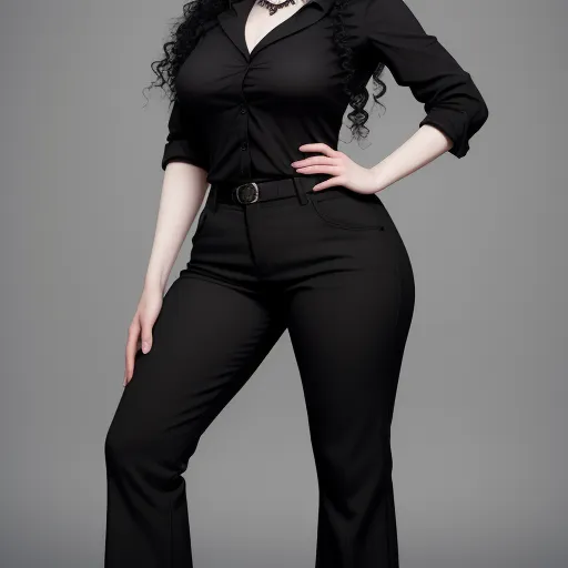 a woman in a black suit posing for a picture with her hands on her hips and her hands on her hips, by Billie Waters