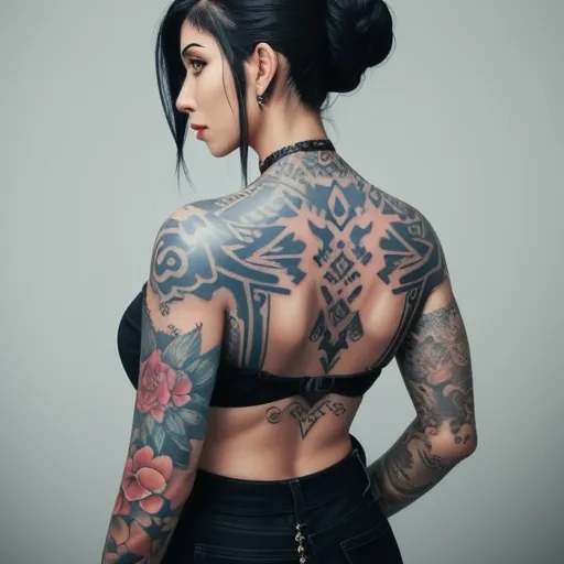 a woman with tattoos on her back and shoulder and a cross tattoo on her upper back and shoulder and shoulder, by Terada Katsuya