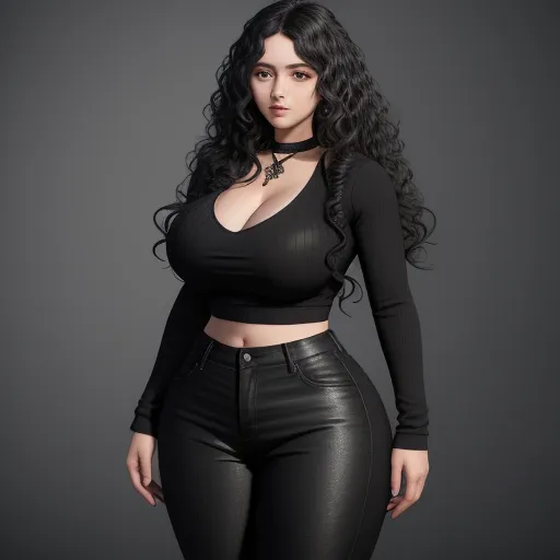 a woman in black leather pants and a black top with a cleavage bra top on her chest and a black top with a black collar, by Hirohiko Araki