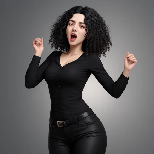 how to make photos high resolution - a woman with curly hair and a black shirt is making a funny face while holding her hands up in the air, by Hendrik van Steenwijk I