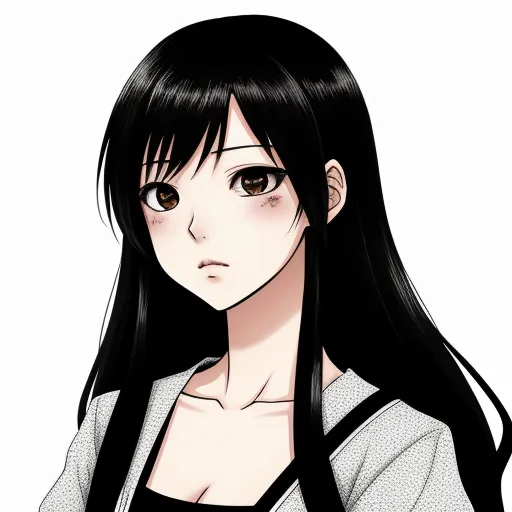 a woman with long black hair and a white shirt on a white background with a black and white background, by Hanabusa Itchō