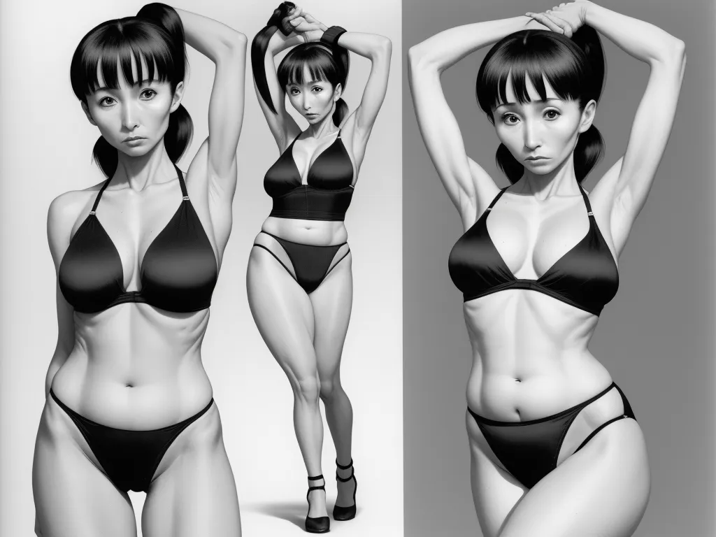 4k photo converter online - a woman in a bikini posing for a picture in three different poses, both in black and white,, by Hirohiko Araki