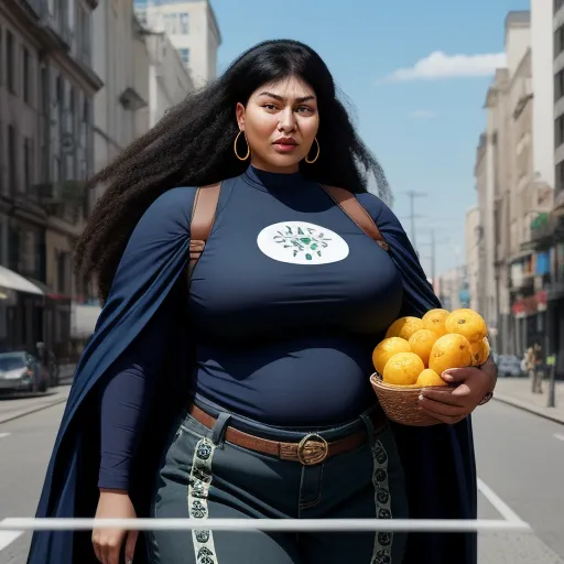 make image hd free - a woman in a costume holding a basket of oranges on a city street with buildings in the background, by Hendrick Goudt