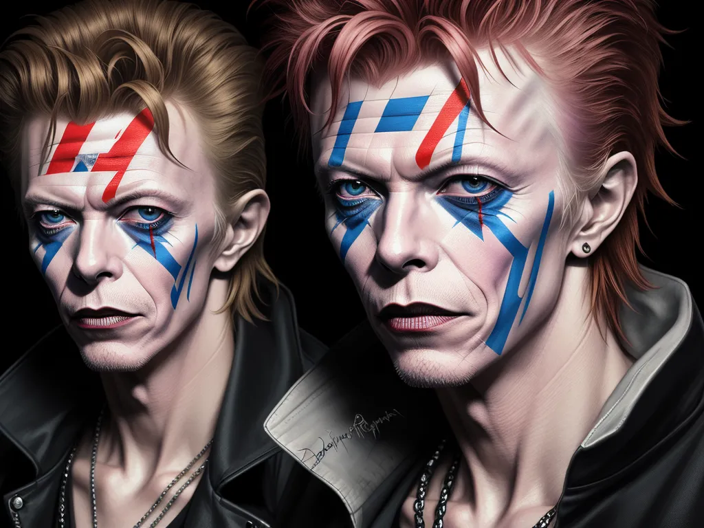 text to ai image generator - two men with painted faces and a black jacket on their faces, one with a red, white and blue design on his face, by David Bowie