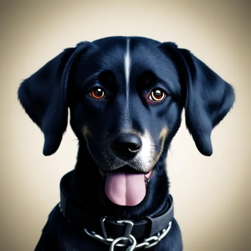 high resolution - a black dog with a white stripe on his collar and tongue hanging out of his mouth, with a white background, by David Firth