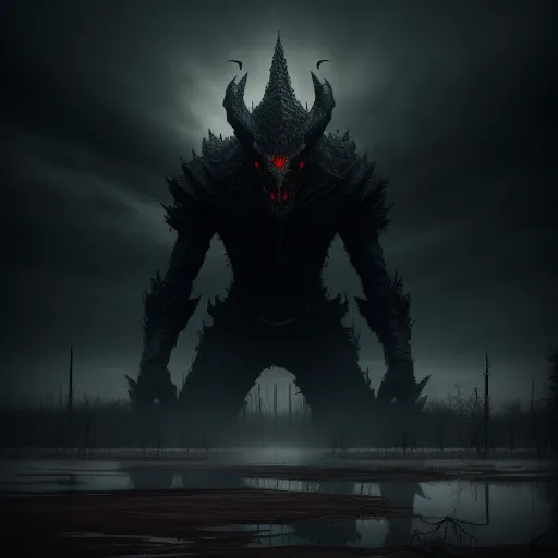 low quality picture - a giant monster with horns and horns on its head standing in the dark water of a swampy area, by Anton Semenov