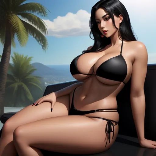 best ai image app - a woman in a bikini sitting on a couch next to a palm tree and a pool with a pool floater, by Terada Katsuya
