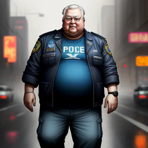 a fat man in a police uniform walking down a street in the rain with a traffic light in the background, by Lois van Baarle