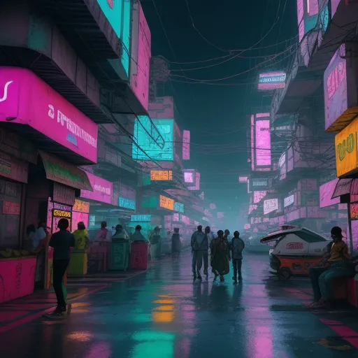 a group of people standing around a city street at night time with neon lights on the buildings and people walking around, by Mike Winkelmann (Beeple)