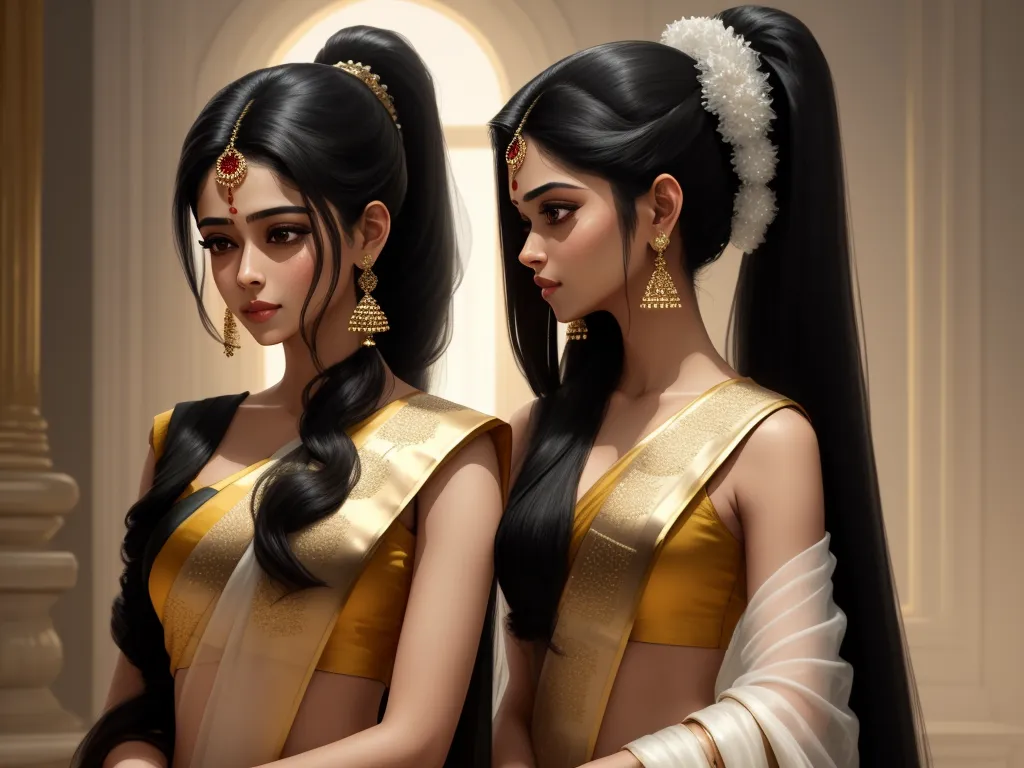 ai image generator from text online - two women in traditional indian garb are looking at each other in a mirror together, with a white background, by Lois van Baarle