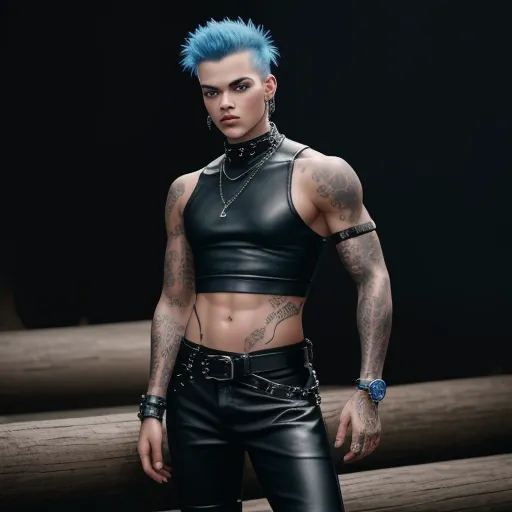 a man with blue hair and tattoos standing in front of a log fence wearing a black leather outfit and a chain, by Terada Katsuya