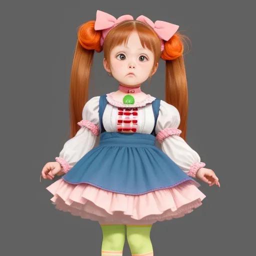 free ai text to image - a girl in a dress and green tights with a ponytail and a pink bow on her head, standing, by Akira Toriyama