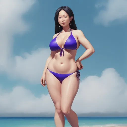 a woman in a bikini standing on a beach next to the ocean with a sky background and clouds in the background, by Hirohiko Araki