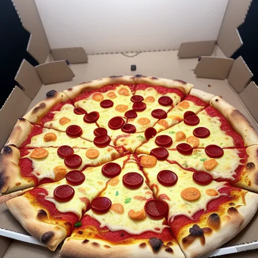a pizza with pepperoni and cheese in a box with a slice missing from it's side,, by Leonardo Da Vinci