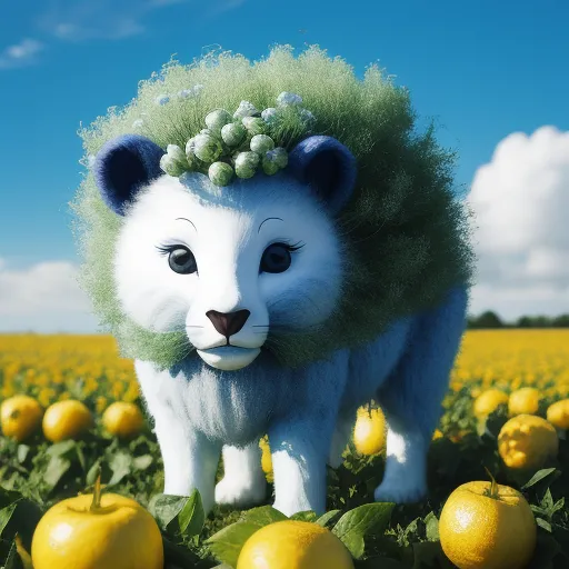 word to image generator ai - a stuffed animal with a green mane standing in a field of apples and lemons with a sky background, by NHK Animation