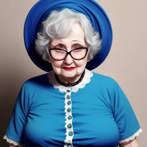 free high resolution images - an old woman wearing a blue hat and glasses with a blue dress and a blue top on her head, by Alex Prager