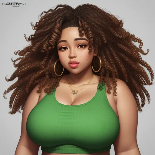 ai generator image - a woman with large afros and a green top is posing for a picture with her hair in the wind, by Hirohiko Araki