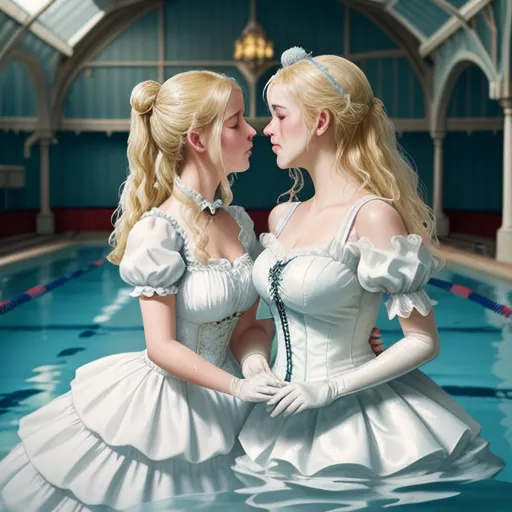 two women in white dresses are kissing in a pool of water in a building with a glass ceiling and arched windows, by Sailor Moon