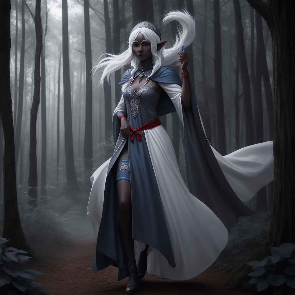 ai photo generator from text - a woman in a white and blue dress in a forest with trees and fogs behind her is a white haired woman with white hair and a white cloak, by Lois van Baarle