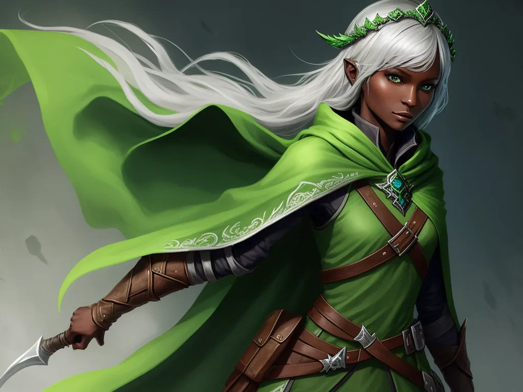 4k image - a woman with white hair and a green cape holding a sword and a green cape on her shoulders and a green cape on her shoulder, by Lois van Baarle