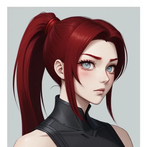 a woman with red hair and blue eyes wearing a black top and a ponytail with bangs in her hair, by Lois van Baarle