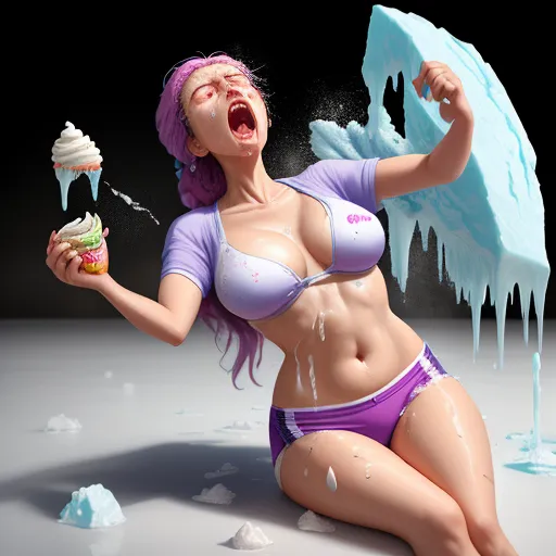 image quality lower - a woman in a bikini holding a cupcake and ice cream cone in her hand and a knife in her other hand, by Daniela Uhlig