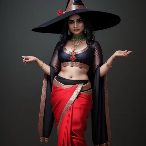 ai generated images free - a woman in a black and red costume with a hat on her head and a red sari on her body, by Hendrik van Steenwijk I