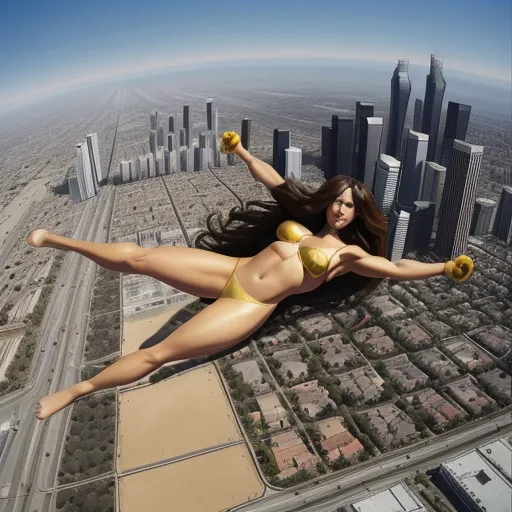 a woman in a bikini is floating in the air over a cityscape with skyscrapers and roads, by Ed Freeman