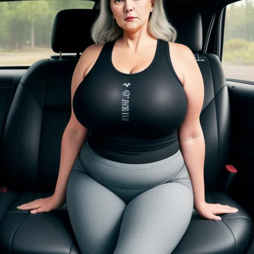 a woman sitting in a car seat wearing a black top and grey pants with a large breast and a black bra, by Botero