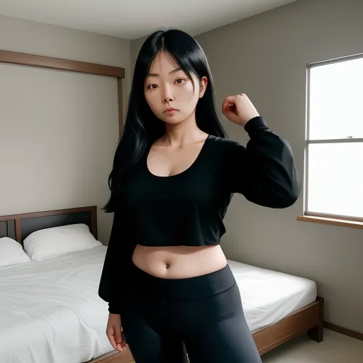ai images generator - a woman posing in a bedroom with a bed and a window behind her, with a black top and black pants, by Terada Katsuya
