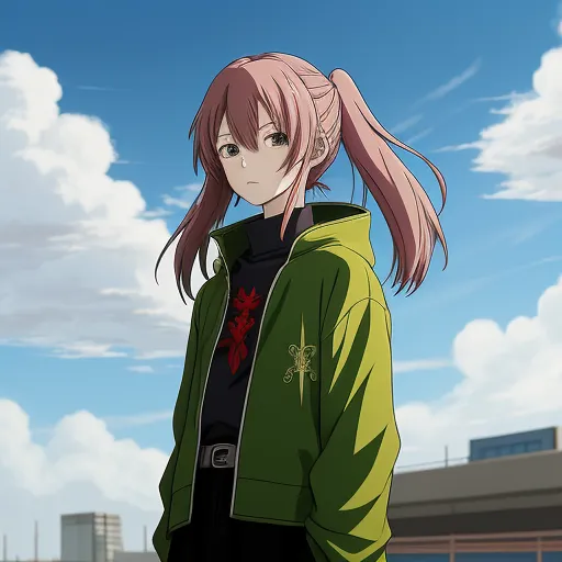 a girl with pink hair and a green jacket standing in front of a building with a sky background and clouds, by Hiromu Arakawa
