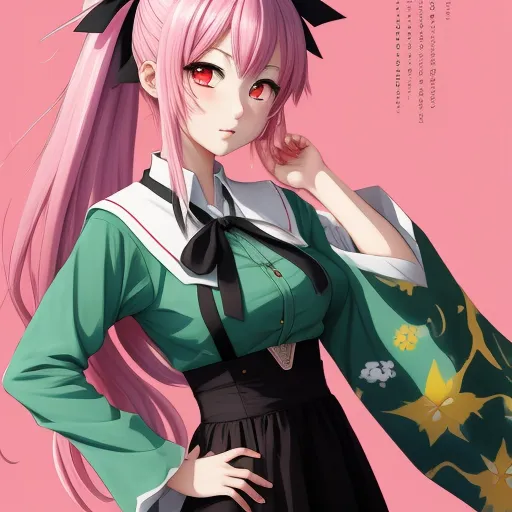 ai image genorator - a girl with pink hair and a green dress with a bow on her head and a pink background with a pink background, by Hanabusa Itchō