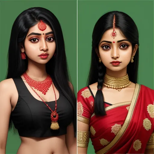 ai image generation - two pictures of a woman in a red and gold sari with a necklace and earrings on her neck, by Raja Ravi Varma
