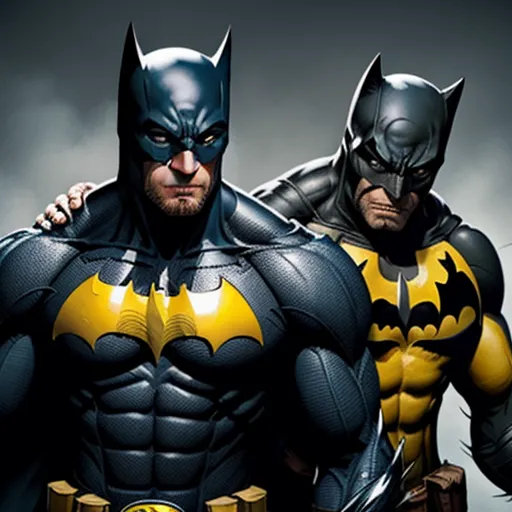 two batman characters standing next to each other in front of a dark background with clouds and fogs in the background, by François Quesnel