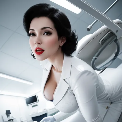 a woman in a white suit and red lipstick posing for a picture in a dentist's office with a chair, by Terada Katsuya