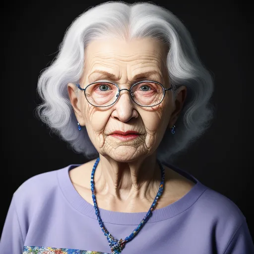 an old woman with glasses and a necklace on her neck is posing for a picture in a black background, by Chuck Close