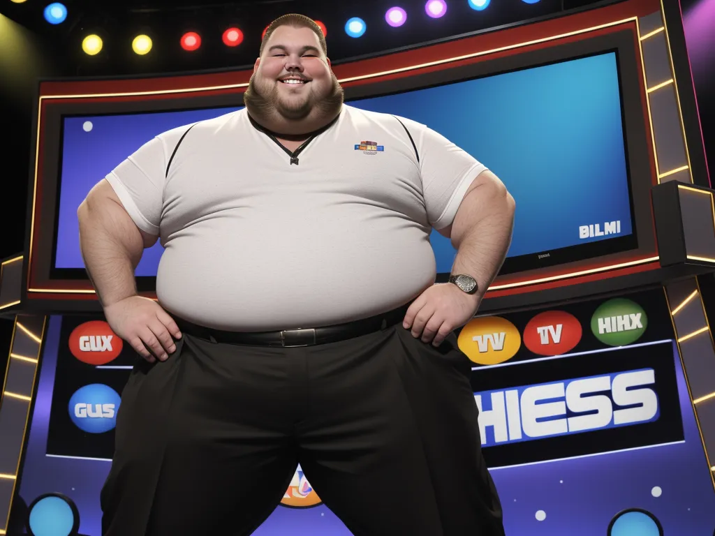 ai text image - a fat man standing in front of a tv screen with his hands on his hips and his hands on his hips, by Botero