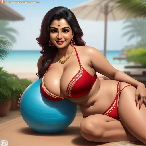 text to picture ai - a woman in a bikini is posing on a beach ball with a beach umbrella in the background and a blue ball in the foreground, by Botero